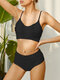 Women Pleated Sling High Waist Two-Piece Solid Color Backless Beach Swimwear Bikinis - Black