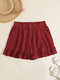 Shorts femininos com babados e plissados com botões e pernas largas - Vinho vermelho