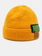 Unisex Knitted Solid Color Jacquard Letter Label Flanging All-match Warmth Brimless Beanie Hat - Yellow