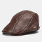 Men's Leather Beret Hat Casual Newsboy Cap Warm Hats With Needle Texture Flat Caps - Brown