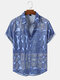Men Hoop Geometric Print Short Sleeve Casual Shirts - Blue