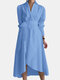 Solid Color Long Sleeves Irregular Hem Lapel Dress For Women - Light Blue