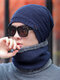 2 Pcs Men Rabbit Fur Knitted Plus Velvet Argyle Thicken Face Protection Ear Protection Beanie Hat Bib Scarf Set - Navy Set