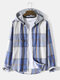 Mens Plaid Button Front Long Sleeve Preppy Drawstring Hooded Shirts - Blue