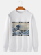 Mens Japanese Wave Ukiyoe Print Crew Neck Pullover Sweatshirts - White