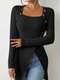 T-shirt da donna a maniche lunghe in maglia a coste dal design irregolare con colletto quadrato - Nero