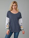 Floral Embroidered Stripe Patchwork Long Sleeve Blouse - Navy
