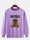 Mens Cartoon Bear Astronaut Print Drop Shoulder Casual Pullover Sweatshirts - Purple