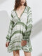 Tie Dye Print Ruffle V-neck High Waist Lantern Sleeve Dress - Green