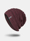 Men Knitted Acrylic Plus Velvet Solid Staircase Pattern Letter Label Warmth Casual Beanie Hat - Wine Red