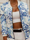 Floral Print Long Sleeve Vintage Jacket For Women - Blue