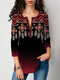 Ethnic Pattern Print Button Casual T-Shirt For Women - Red
