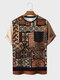 Mens Ethnic Floral Geometric Print Chest Pocket Patchwork Short Sleeve T-Shirts - Brown