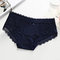 Women's Briefs Solid Color Lace Patched Sweet Breathable Underwear - Navy