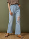 Solid Ripped Pocket Zip Button Wide Leg Denim Jeans - Blue
