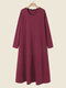 Solid V-neck Long Sleeve Casual Dress For Women - Claret