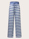 Plus Size Striped Pattern Patchwork Knotted Wide Leg Pants - Blue