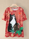 Christmas Cartoon Cat Print O-neck Short Sleeve Plus Size T-shirt - Red