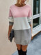 女性のためのコントラストカラー長袖Oネックカジュアルセーター - ピンク