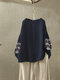 Vintage Embroidery Long Sleeve Plus Size Blouse - Navy