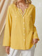 Solid Color Plain Button Long Sleeve Casual Cotton Blouse Women Shirt - Yellow