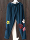 Flowers Print Elastic Waist Pockets Plus Size Casual Pants - Blue