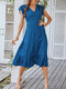 Solid Ruffle Short Sleeve V-neck Casual Dress For Women - Blue