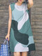 Women Abstract Color Block Print Crew Neck Sleeveless Dress - Blue