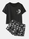 Women Skull Skeleton Print Round Neck Crop Top Black Loungewear With Shorts - Black