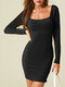 Solid Color Long Sleeve Square Collar Mini Sexy Dress - Black