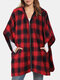 Plaid Print Zipper Pocket Half Sleeve Casual Coat for Women - Red
