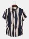 Mens Wave Striped Button Up Daily Short Sleeve Shirts - Navy