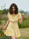 Flower Print Button Backless Belt Short Sleeve Mini Dress - Yellow
