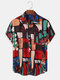 Mens Colorful Abstract Geometric Print Ethnic Style Short Sleeve Shirts - Red