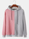 Mens Two Tone Contrast Color Patchwork Drawstring Pullover Hoodie - Pink