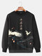 Mens Chinese Crane Print Crew Neck Pullover Sweatshirts Winter - Black