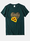 Leopard Sunflower Print Short Sleeves Casual T-shirt For Women - Dark Green