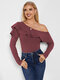 Solid Long Sleeve Off Shoulder Ruffle Knit T-shirt For Women - Red