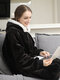 Women Zip Front Thick Double-Plush Wearable Blanket Oversized Hoodie Home Robe Sweatshirt With Large Front Pocket - Black