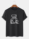 Mens 100% Cotton Cartoon Bear Print O-Neck Casual Short Sleeve T-Shirt - Black