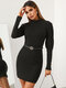 Solid Mock Neck Long Sleeve Casual Dress For Women - Black