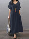 Solide Tasche V-Ausschnitt Kurzarm Maxi Vintage Kleid - Blau
