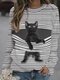 Cartoon Cat Print Striped O-neck Long Sleeve Sweatshirt - Black