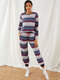 Plus Size Women Christmas Allover Snowflake Elk Printed Crew Neck Comfy Drawstring Pants Pajamas Set With Pocket - Navy
