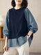 Blusa feminina contrastante manga longa decote careca casual - azul