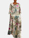 Leaves Print Long Sleeve Loose Vintage Maxi Dress For Women - Red