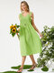 Solid Color Pleated V-Neck Sleeveless Casual Midi Dress With Pocket - Green