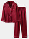 Plus Size Women Faux Silk Lapel Chest Pocket Long Pajamas Sets With Contrast Binding - Red