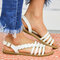 Large Size Women Beach Hollow Braided Buckle Flat Sandals - White
