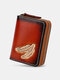 Women Genuine Leather Vintage Zipper Front Feather Embossing Wallet Multiple Card Slots Small Card Holder - Brown